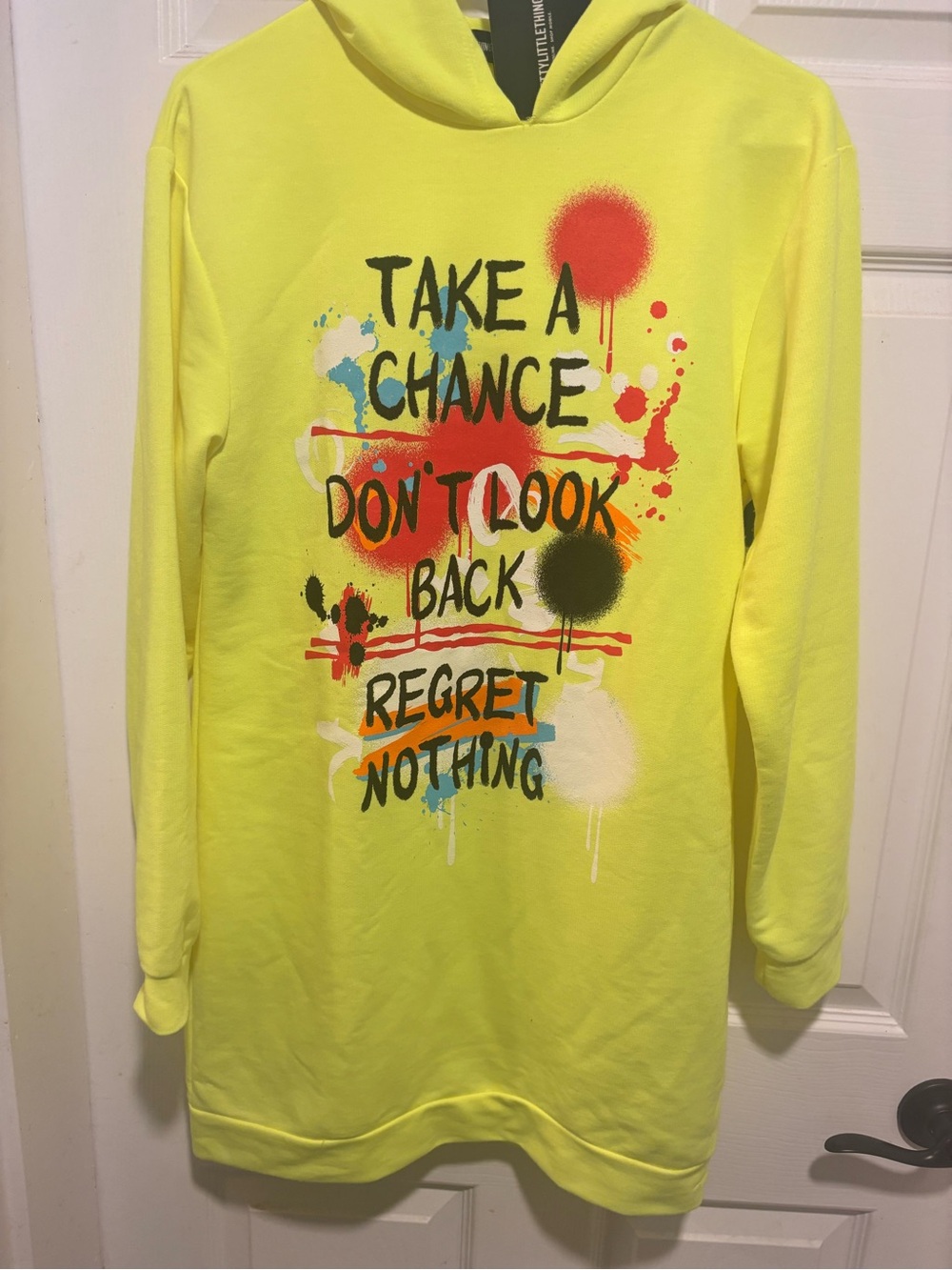 Prettylittlething Yellow Hoodie Top with Inspirational Graphic